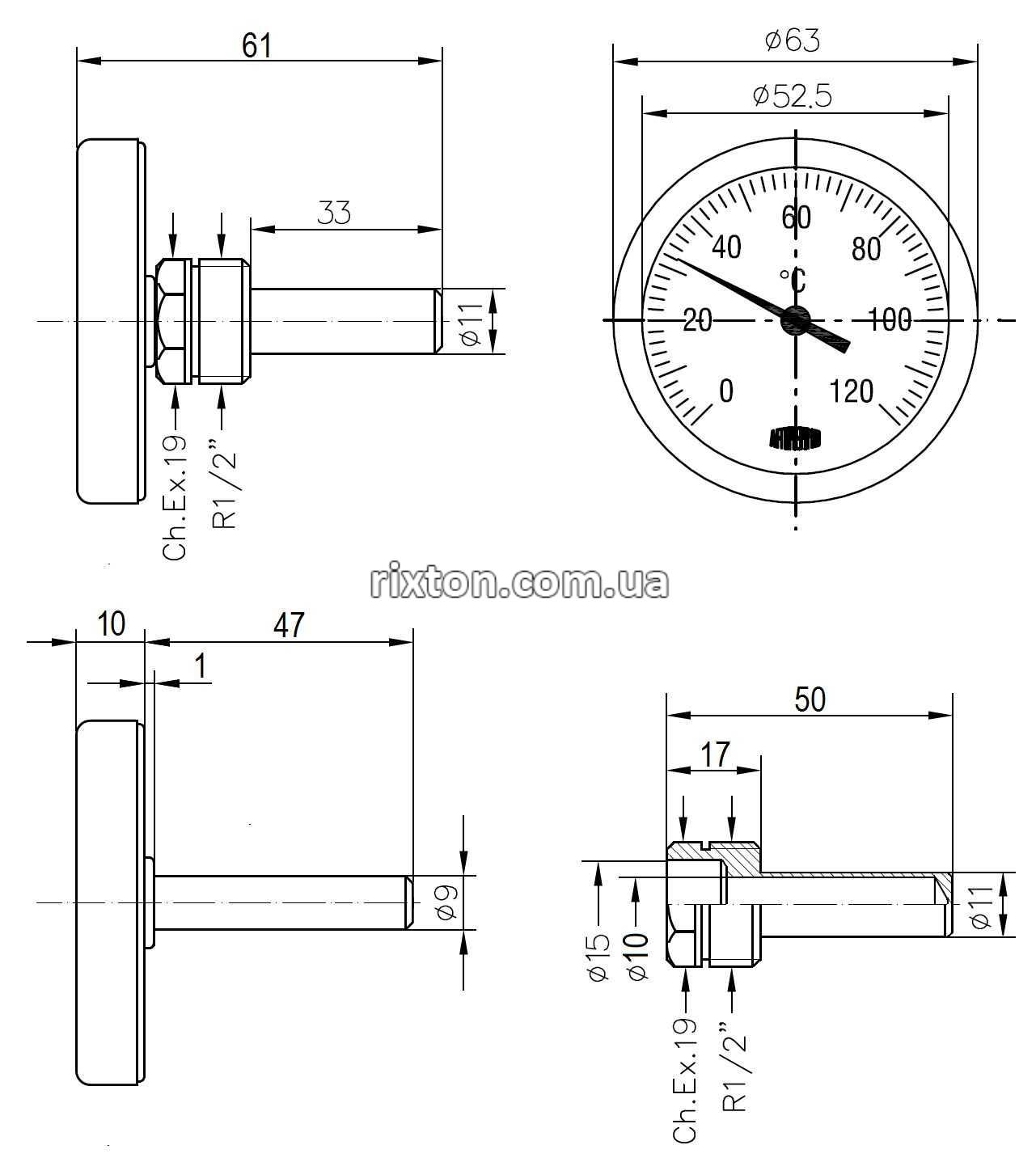 Термометр біметалічний аксіальний Arthermo AR-T/B 65 (Ø63 мм, 0-120°С) бовт