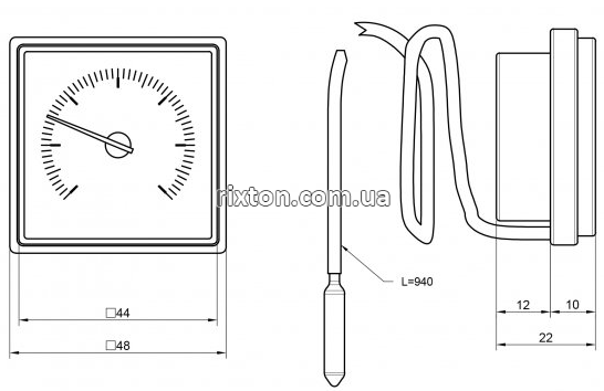Термометр с выносным датчиком квадратный 45х45мм 0-120°C 1000мм PS176