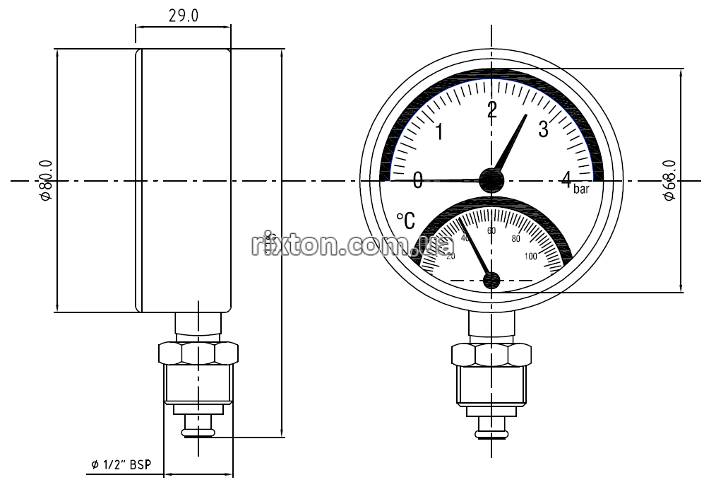 Термоманометр радиальный Arthermo TI110 (Ø80мм 0-4Bar 0-120°C)