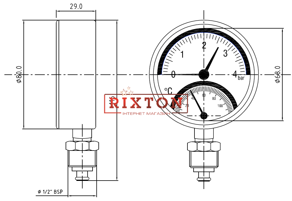 Термоманометр радиальный Arthermo TI110 (Ø80мм 0-4Bar 0-120°C)