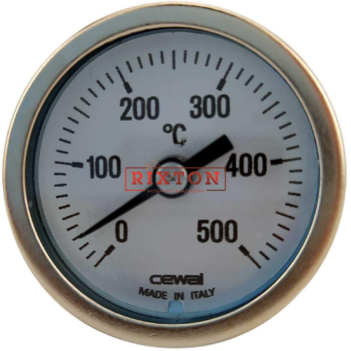 Термометр биметаллический аксиальный Cewal PSZ 40 ST (Ø40mm 0-500°C L-34)