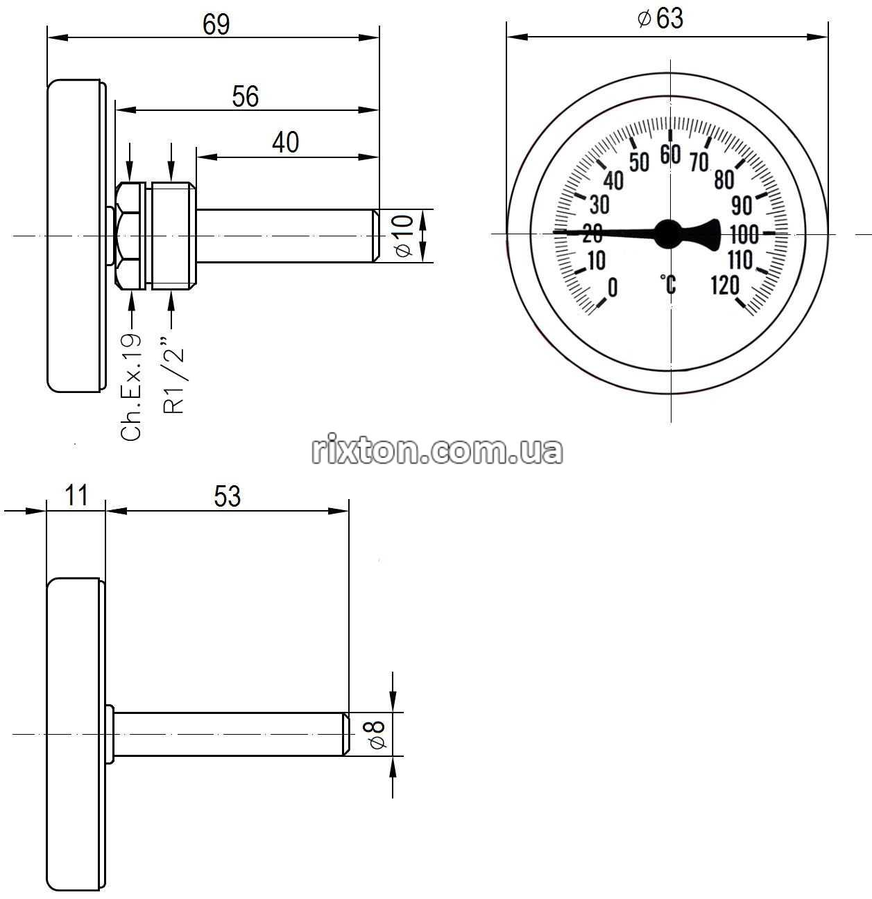 Термометр биметаллический аксиальный Т63 0-120 °C