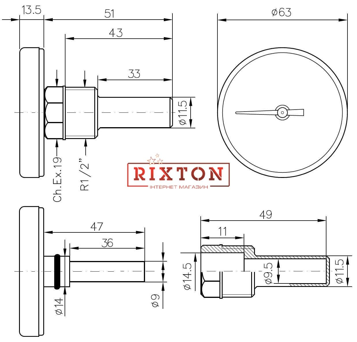 Термометр біметалічний аксіальний Watts F+R801 (Т 63/50 D-63mm 0-120°C L-50mm)