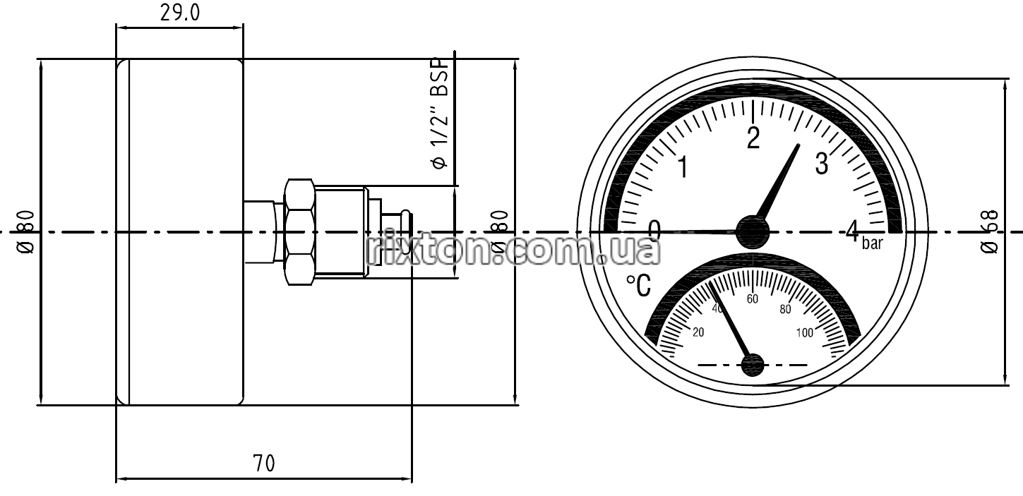 Термоманометр аксиальный Arthermo TI003 (Ø80мм 0-4Bar 0-120°C)